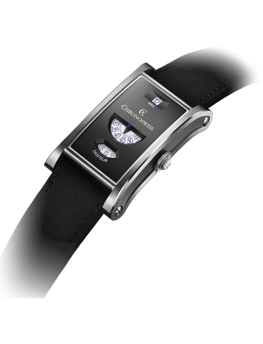 Side view of Chronoswiss wristwatch with tailored rectangular stainless-steel case, black dial, and black nubuck leather strap.