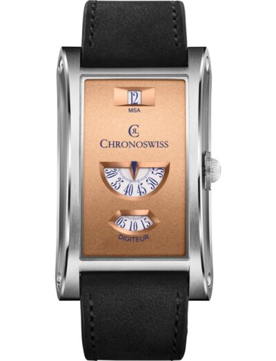 Chronoswiss wristwatch with tailored rectangular stainless-steel case, sand dial, and black nubuck leather strap. | Feldmar Watch Co. Chronoswiss wristwatch with tailored rectangular stainless-steel case, sand dial, and black nubuck leather strap.