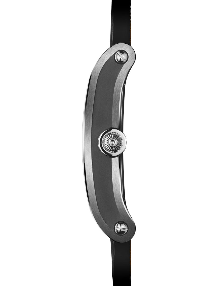 Side view of Chronoswiss wristwatch with tailored rectangular stainless-steel case, and black nubuck leather strap.