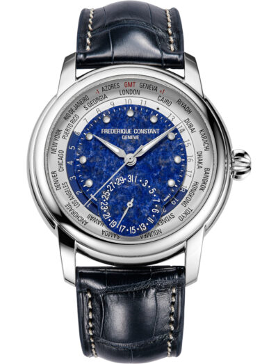 Frederique Constant wristwatch with stainless steel case, blue dial, and dark blue alligator leather strap.