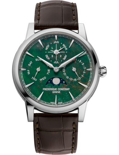 Frederique Constant wristwatch with stainless steel case, green dial, and brown alligator leather strap. | Feldmar Watch Co. Frederique Constant wristwatch with stainless steel case, green dial, and brown alligator leather strap.