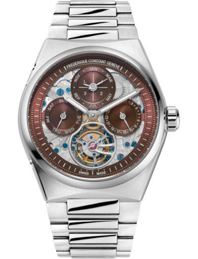 Frederique Constant wristwatch with stainless steel case, burgundy dial, and stainless steel bracelet.