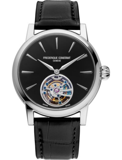 Frederique Constant wristwatch with stainless steel case, black dial, and black alligator leather strap. | Feldmar Watch Co. Frederique Constant wristwatch with stainless steel case, black dial, and black alligator leather strap.