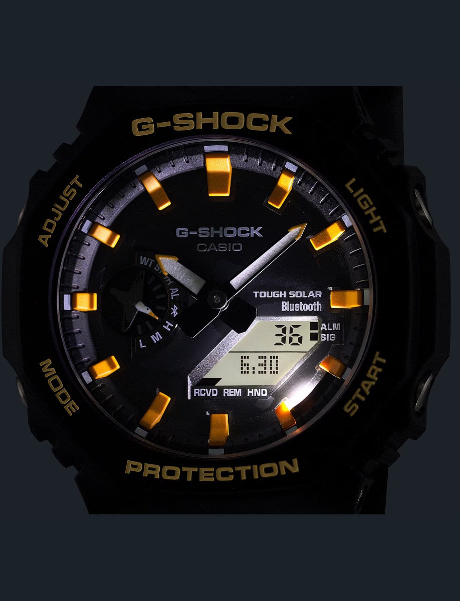Night view of G-Shock wristwatch with carbon/bio-based resin case, black dial, and bio-based resin band.