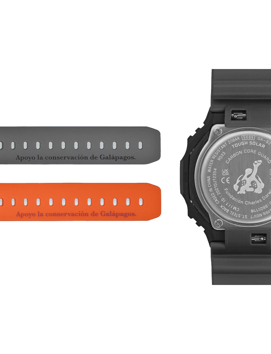 Back view of G-Shock wristwatch with carbon/bio-based resin case, and bio-based resin band.