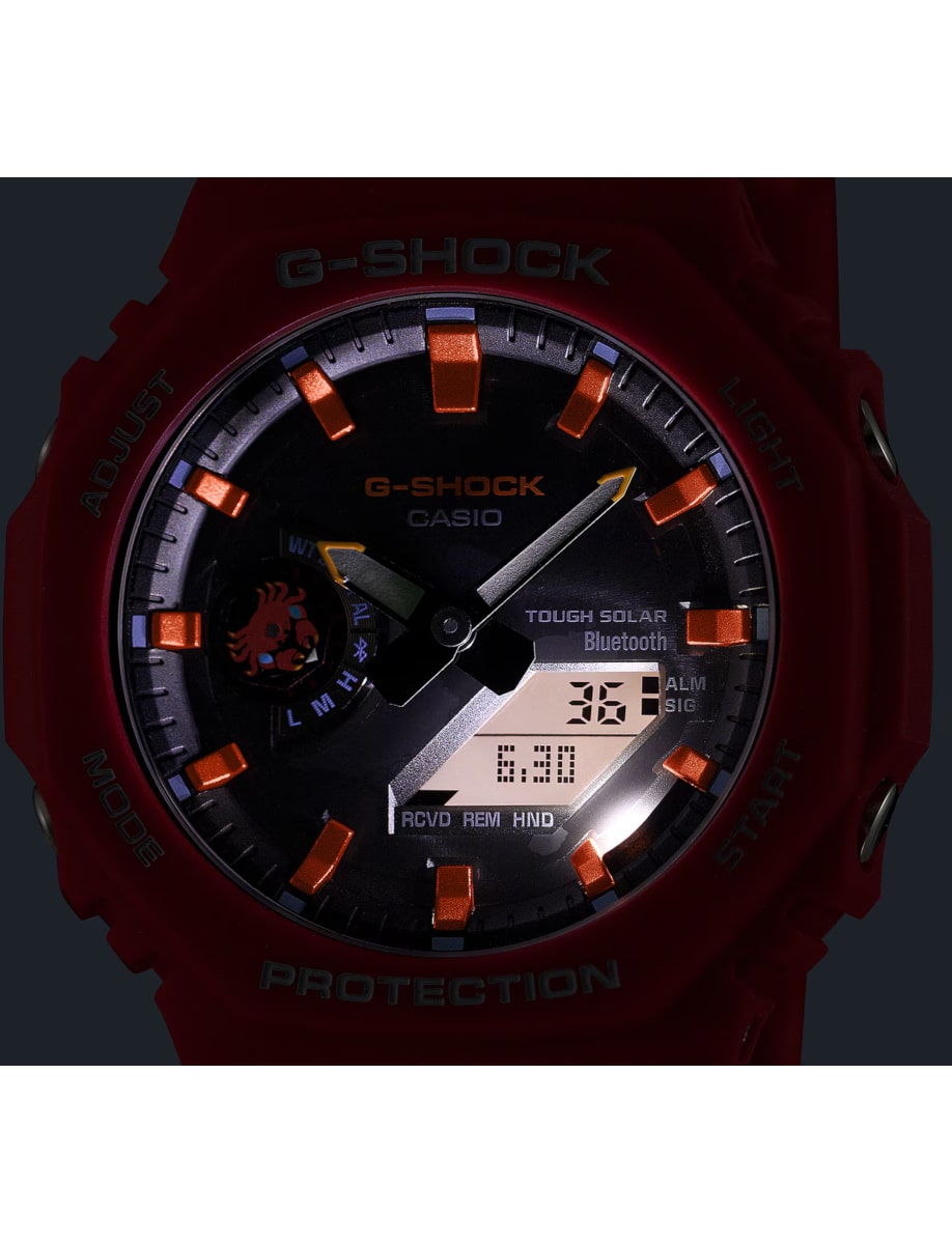 Night view of G-Shock wristwatch with carbon and bio-based resin case, and bio-based resin band