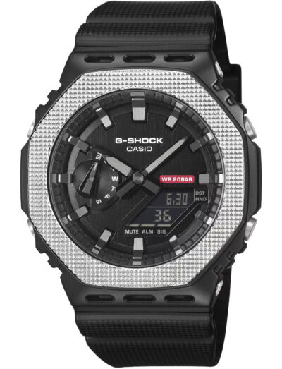 G-Shock wristwatch with resin / stainless steel case, bio-based resin band, and black dial.