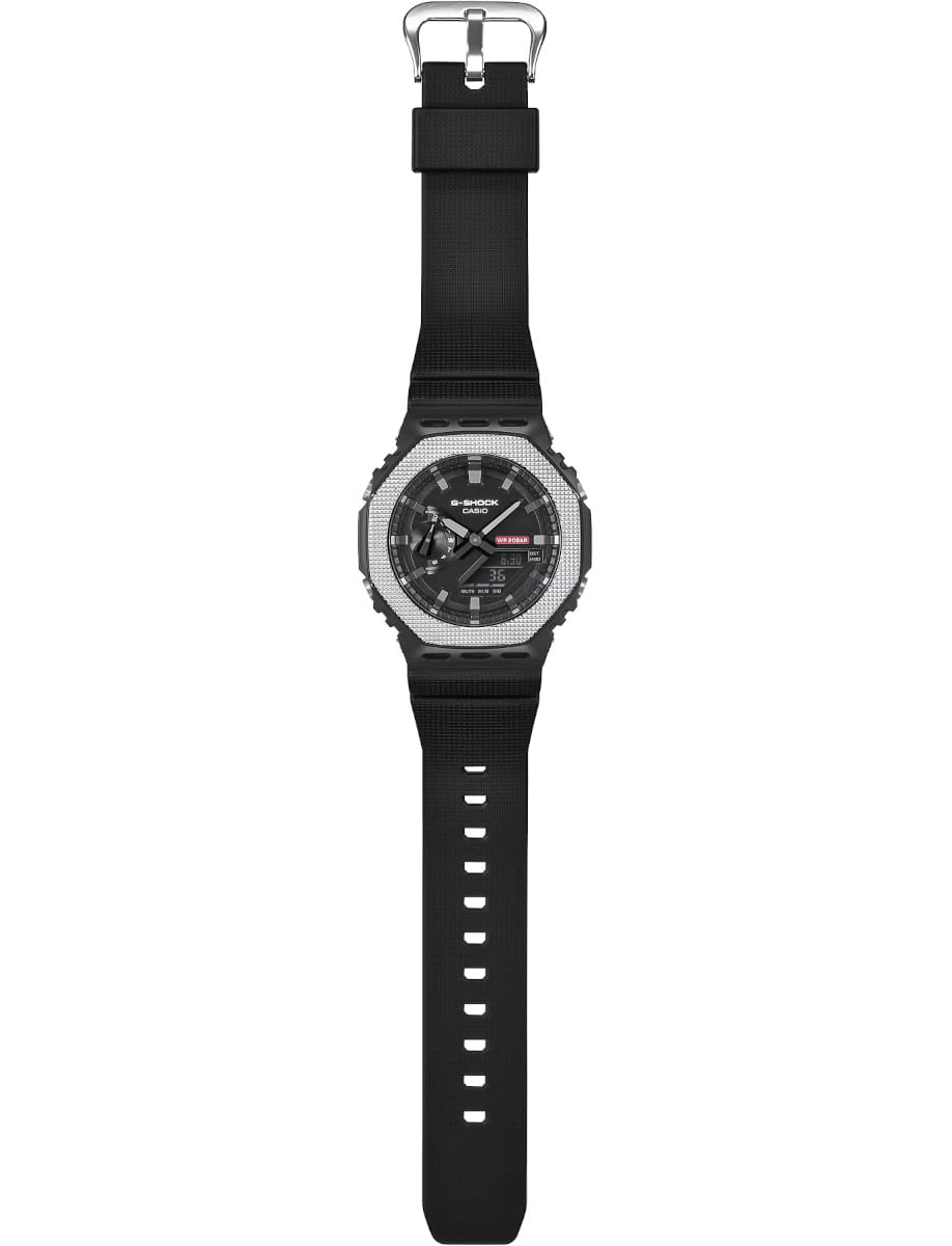 Full view of G-Shock wristwatch with resin / stainless steel case, bio-based resin band, and black dial.