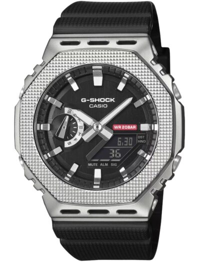 G-Shock wristwatch with resin/stainless steel case, and bio-based resin band, and black dial.