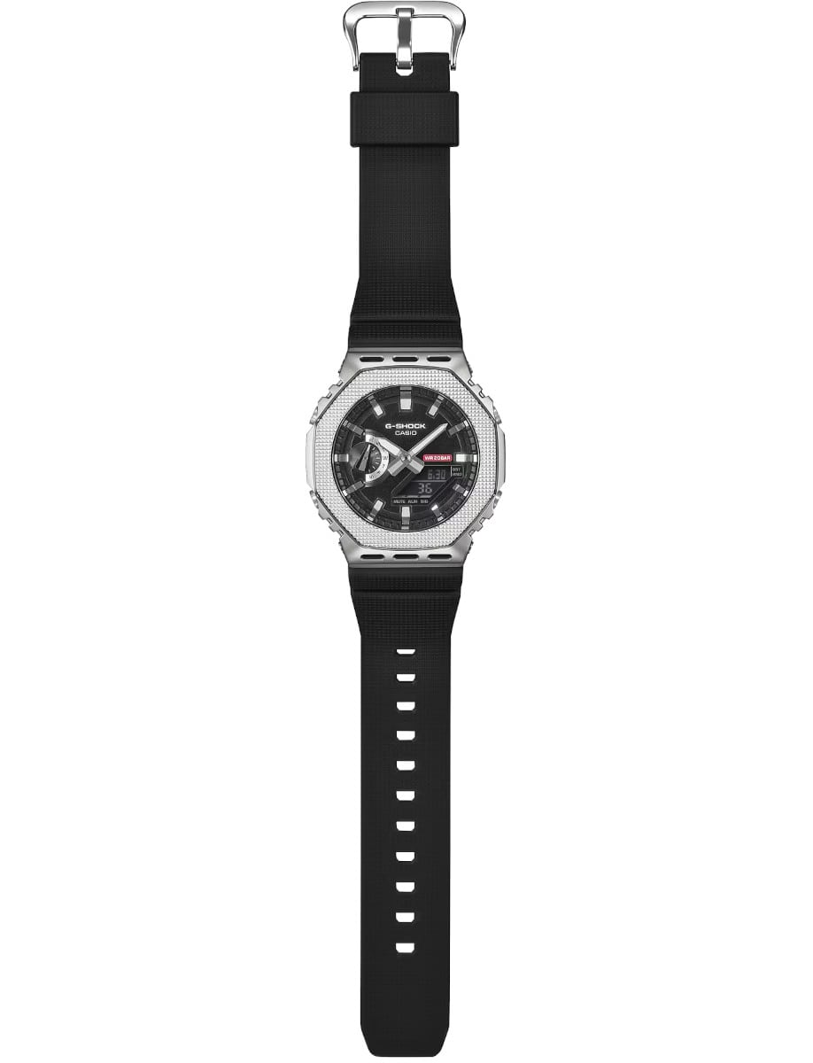 Full view of G-Shock wristwatch with resin/stainless steel case, and bio-based resin band, and black dial.