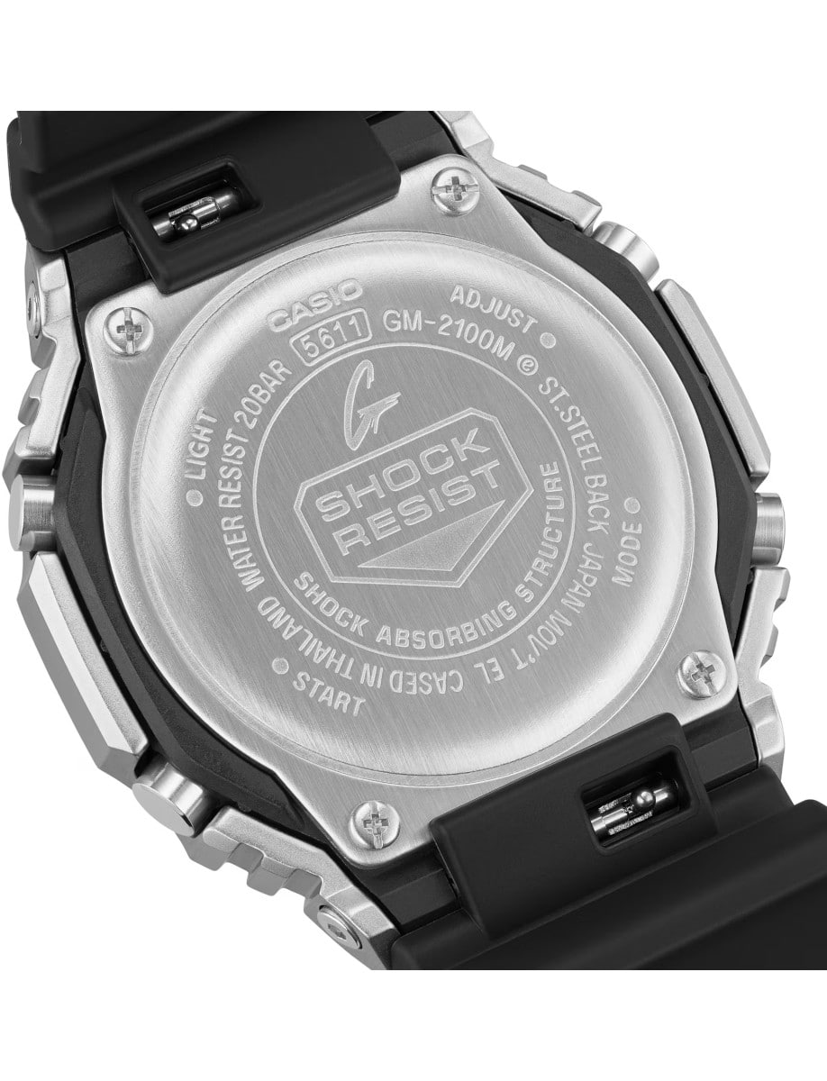 Back view of G-Shock wristwatch with resin/stainless steel case, and bio-based resin band.