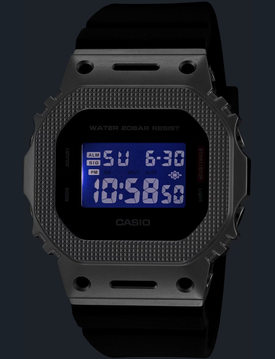 Night view of G-Shock wristwatch with resin / stainless steel case, bio-based resin band, and digital display.