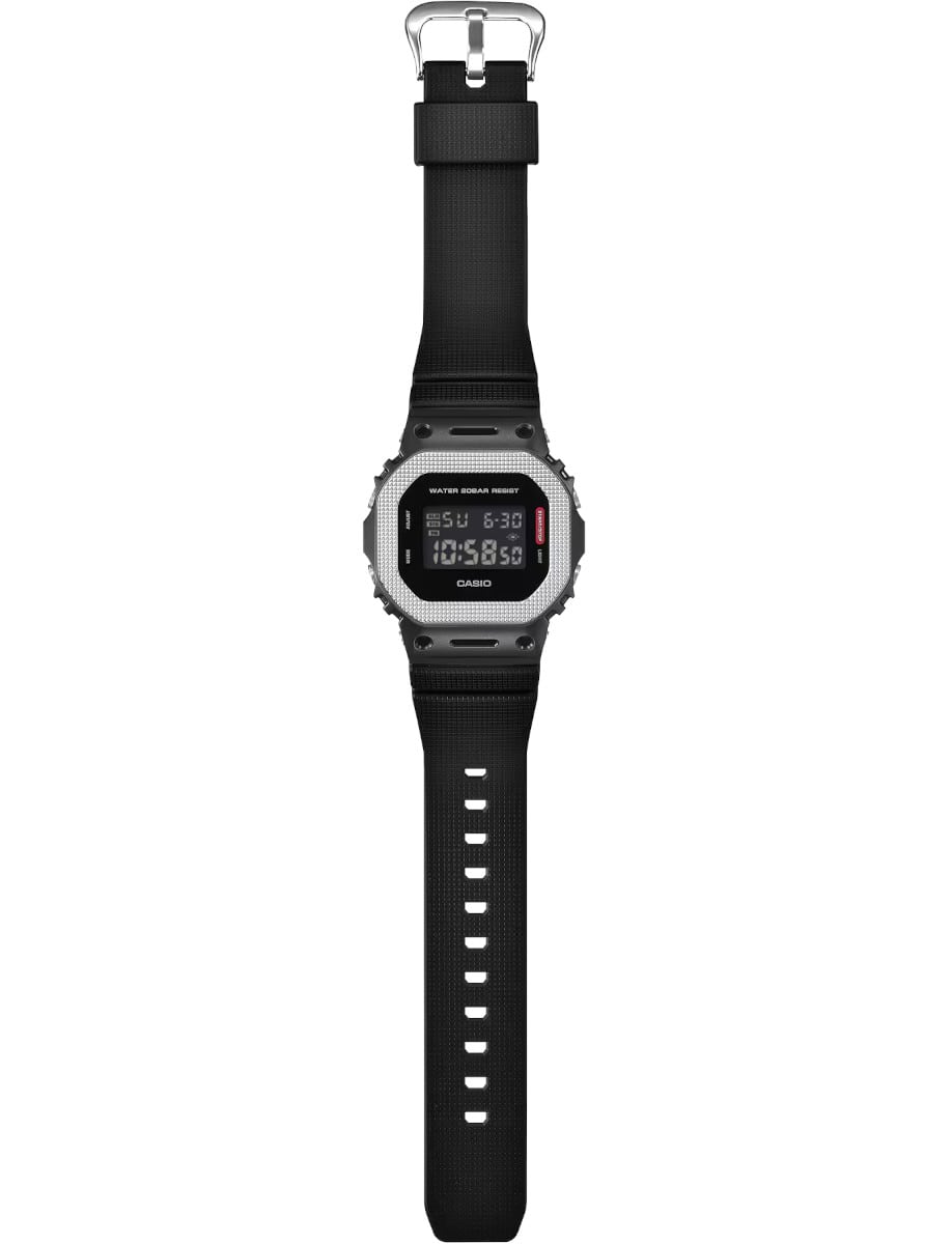 Full view of G-Shock wristwatch with resin / stainless steel case, bio-based resin band, and digital display.