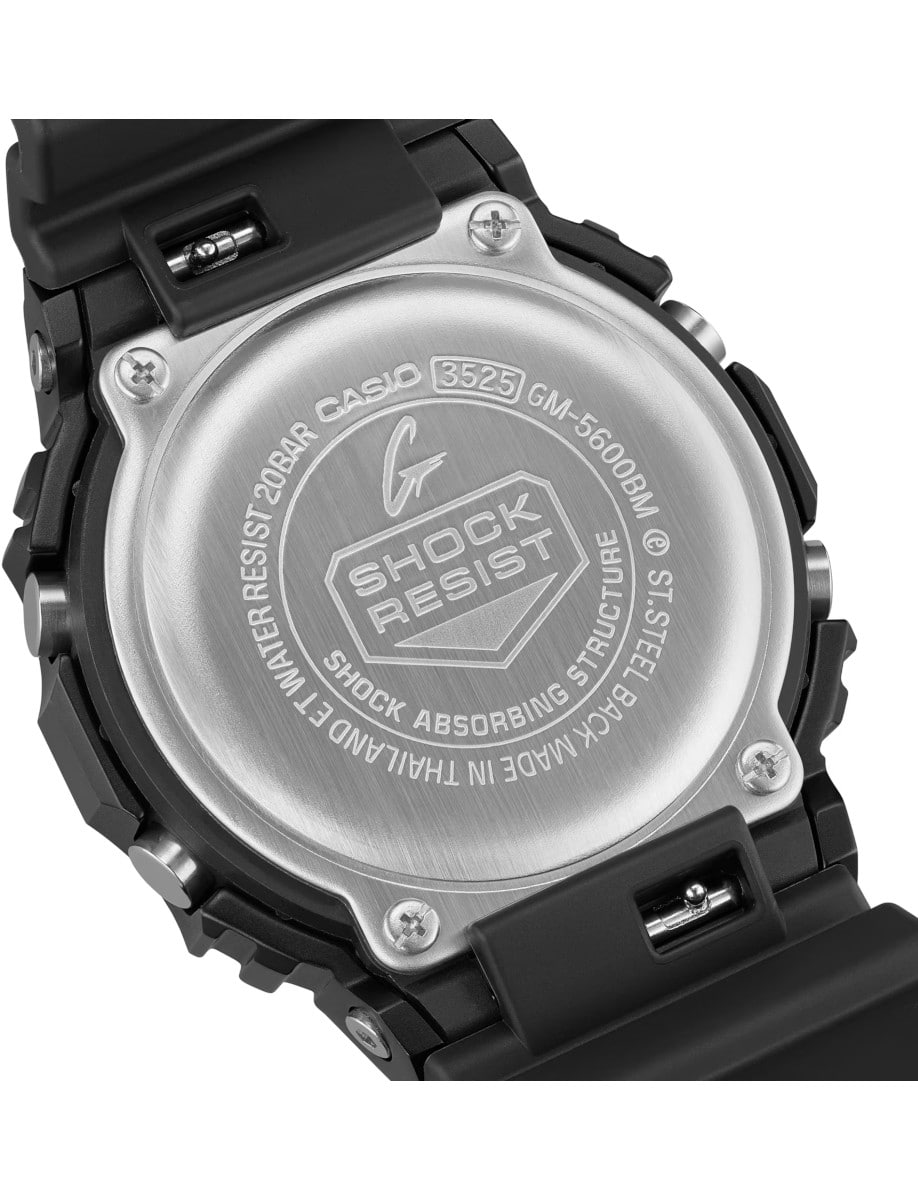 Back view of G-Shock wristwatch with resin / stainless steel case, bio-based resin band, and digital display.