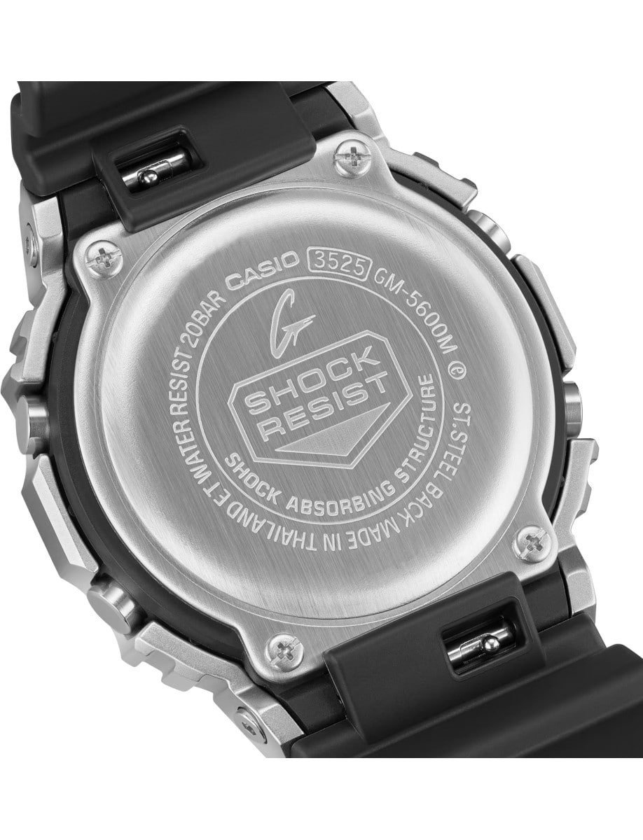 Back view of G-Shock wristwatch with resin/stainless steel case, and bio-based resin band.