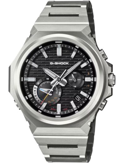 Seiko wristwatch with carbon and stainless steel case, black dial, and stainless steel bracelet.