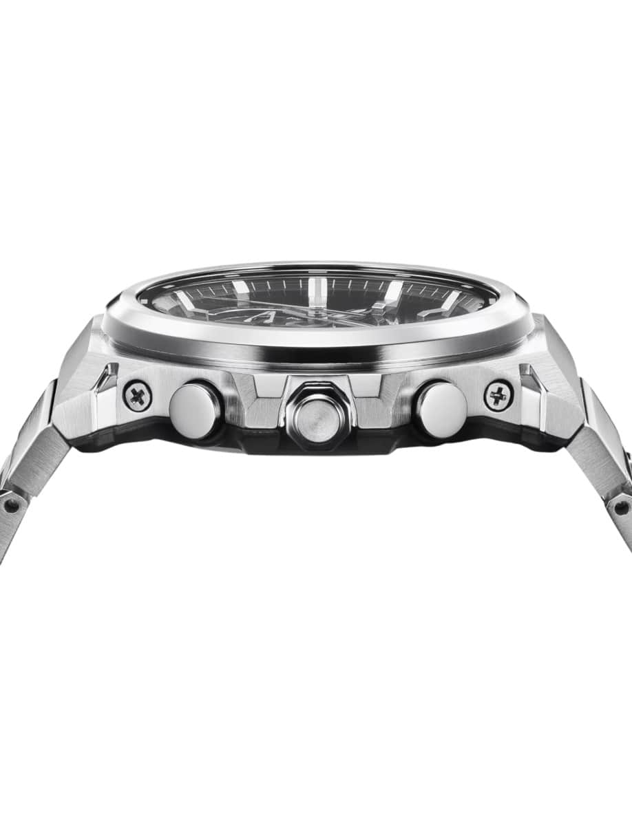 Side view of Seiko wristwatch with carbon and stainless steel case, and stainless steel bracelet.