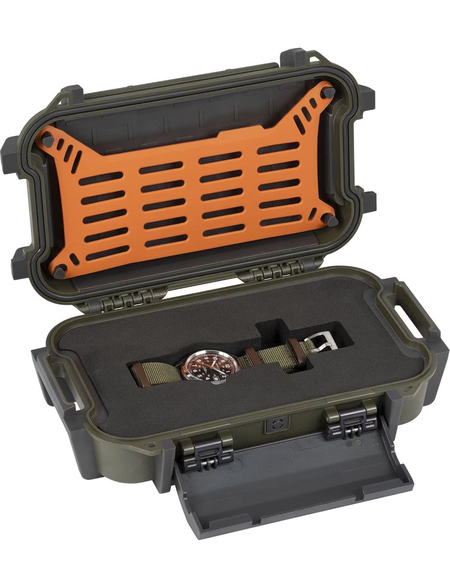 Box view of Hamilton wristwatch with stainless steel case, black dial, and khaki green NATO strap.