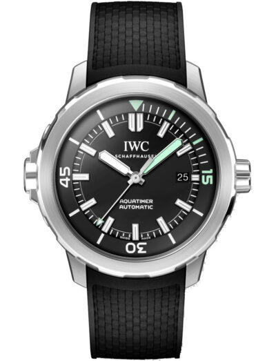 IWC wristwatch with stainless steel case, black dial, and black rubber strap.