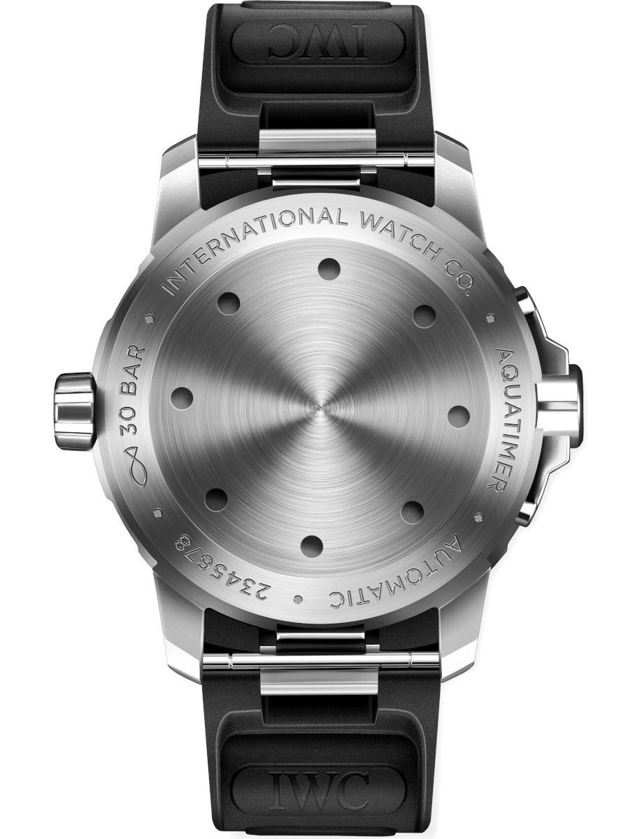 Back view of IWC wristwatch with stainless steel case, solid case back, and black rubber strap.