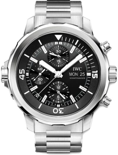 IWC wristwatch with stainless steel case and bracelet, and black dial. | Feldmar Watch Co. IWC wristwatch with stainless steel case and bracelet, and black dial.