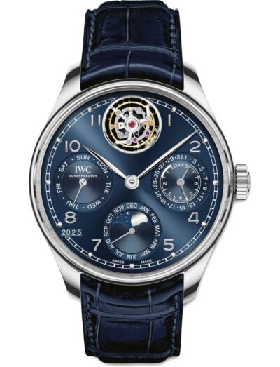 IWC wristwatch with platinum case, blue dial, Blue alligator leather strap by Santoni.