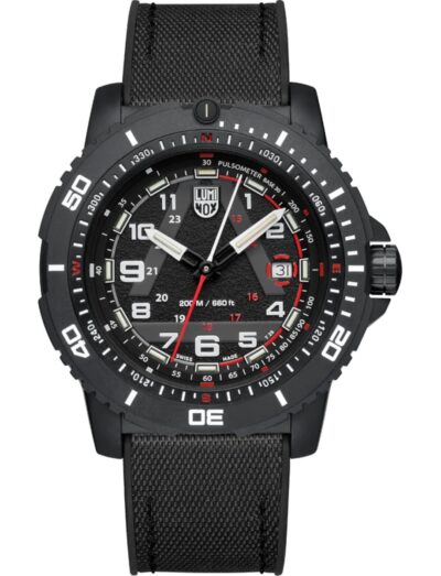 Luminox wristwatch with CARBONOX case, black dial, and black rubber strap.