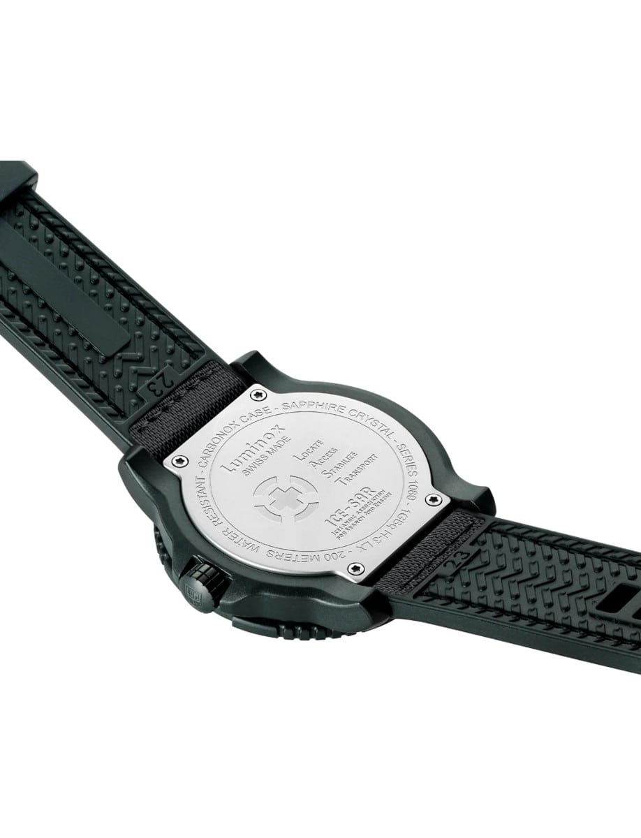 Back view of Luminox wristwatch with CARBONOX case, and black rubber strap.