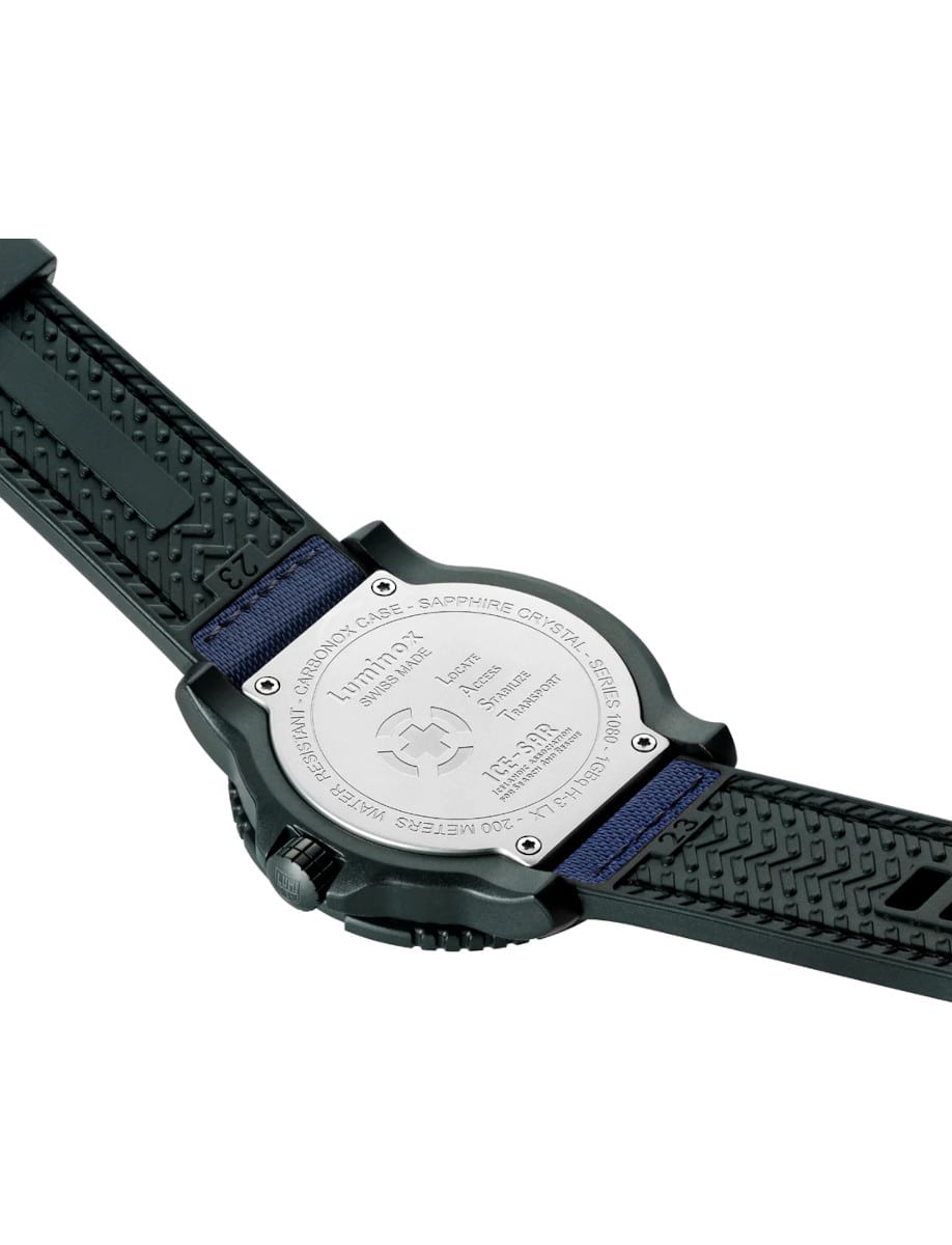 Side view of Luminox wristwatch with CARBONOX case, and blue rubber strap.