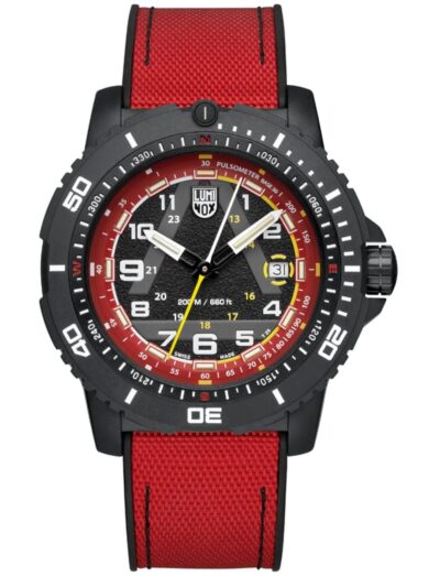 Luminox wristwatch with CARBONOX case, red and black dial, and red rubber strap. | Feldmar Watch Co. Luminox wristwatch with CARBONOX case, red and black dial, and red rubber strap.