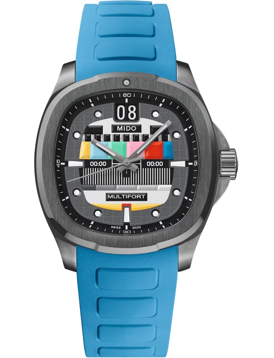 Mido wristwatch with stainless steel case, grey gradient dial and blue rubber strap