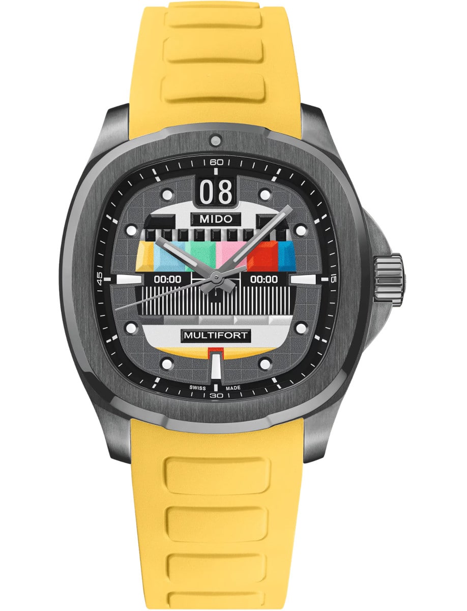 Mido wristwatch with stainless steel case, grey gradient dial and yellow rubber strap