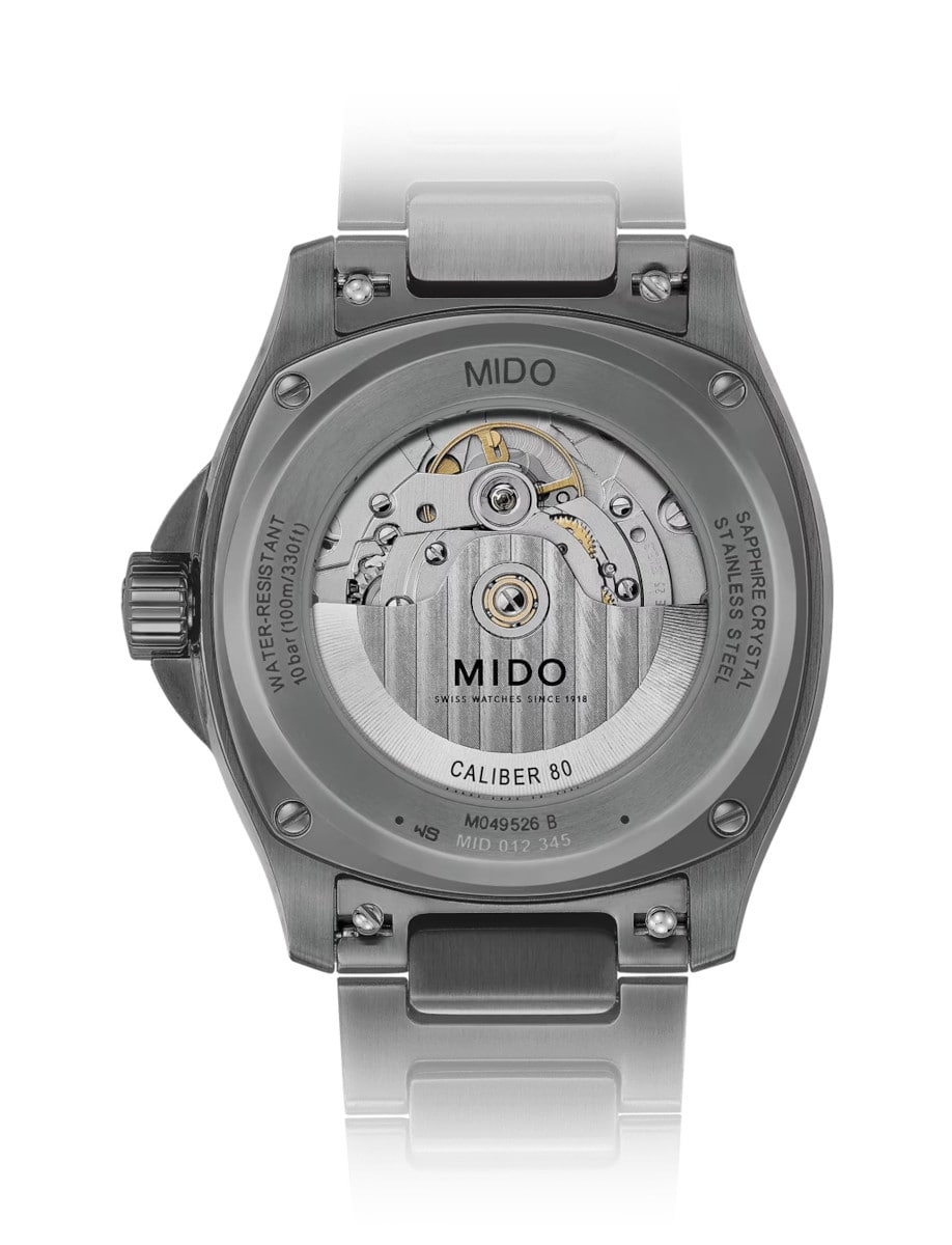Back view of Mido wristwatch with stainless steel case and bracelet with anthracite PVD coating, and grey gradient dial