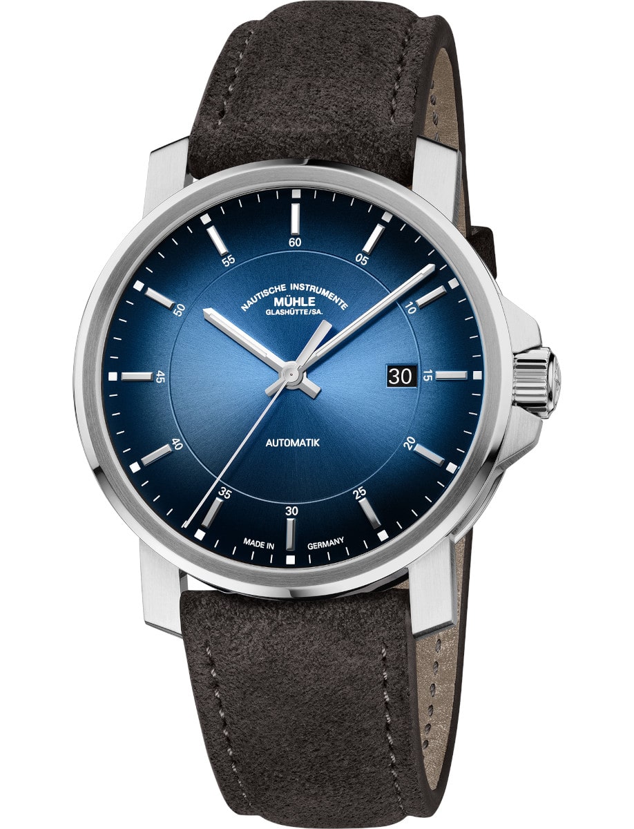 Muhle Glashutte wristwatch with stainless steel, blue dial,and brown suede leather strap.