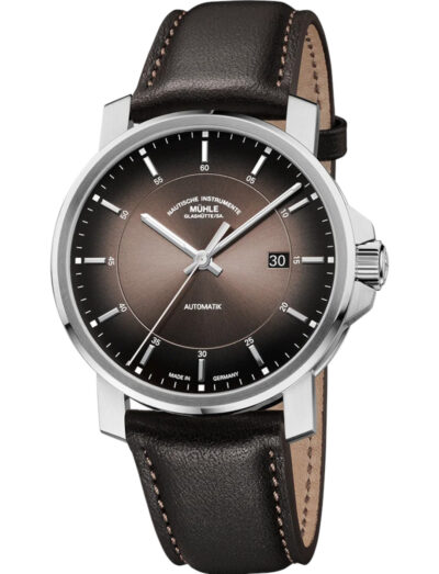 Muhle Glashutte wristwatch with stainless steel case, brown dial,and brown leather strap. | Feldmar Watch Co. Muhle Glashutte wristwatch with stainless steel case, brown dial,and brown leather strap.