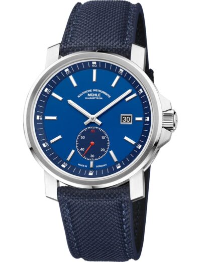 Muhle Glashutte wristwatch with stainless steel case, deep blue dial, and dark blue Canvas strap. | Feldmar Watch Co. Muhle Glashutte wristwatch with stainless steel case, deep blue dial, and dark blue Canvas strap.