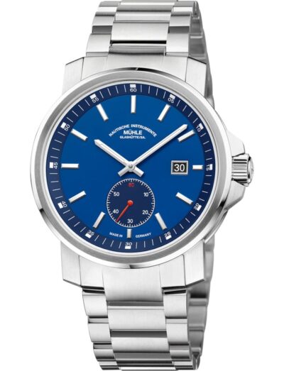 Muhle Glashutte wristwatch with stainless steel case and bracelet, and deep blue dial. | Feldmar Watch Co. Muhle Glashutte wristwatch with stainless steel case and bracelet, and deep blue dial.