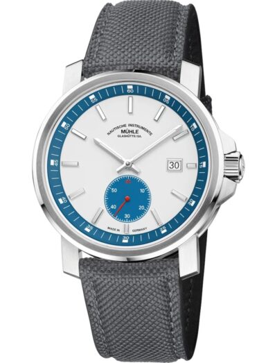Muhle Glashutte wristwatch with stainless steel case, Stone-white with petrol-colored dial, and dark grey canvas strap. | Feldmar Watch Co. Muhle Glashutte wristwatch with stainless steel case, Stone-white with petrol-colored dial, and dark grey canvas strap.