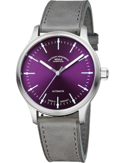 Muhle Glashutte wristwatch with stainless steel, violet dial, and grey leather strap. | Feldmar Watch Co. Muhle Glashutte wristwatch with stainless steel, violet dial, and grey leather strap.