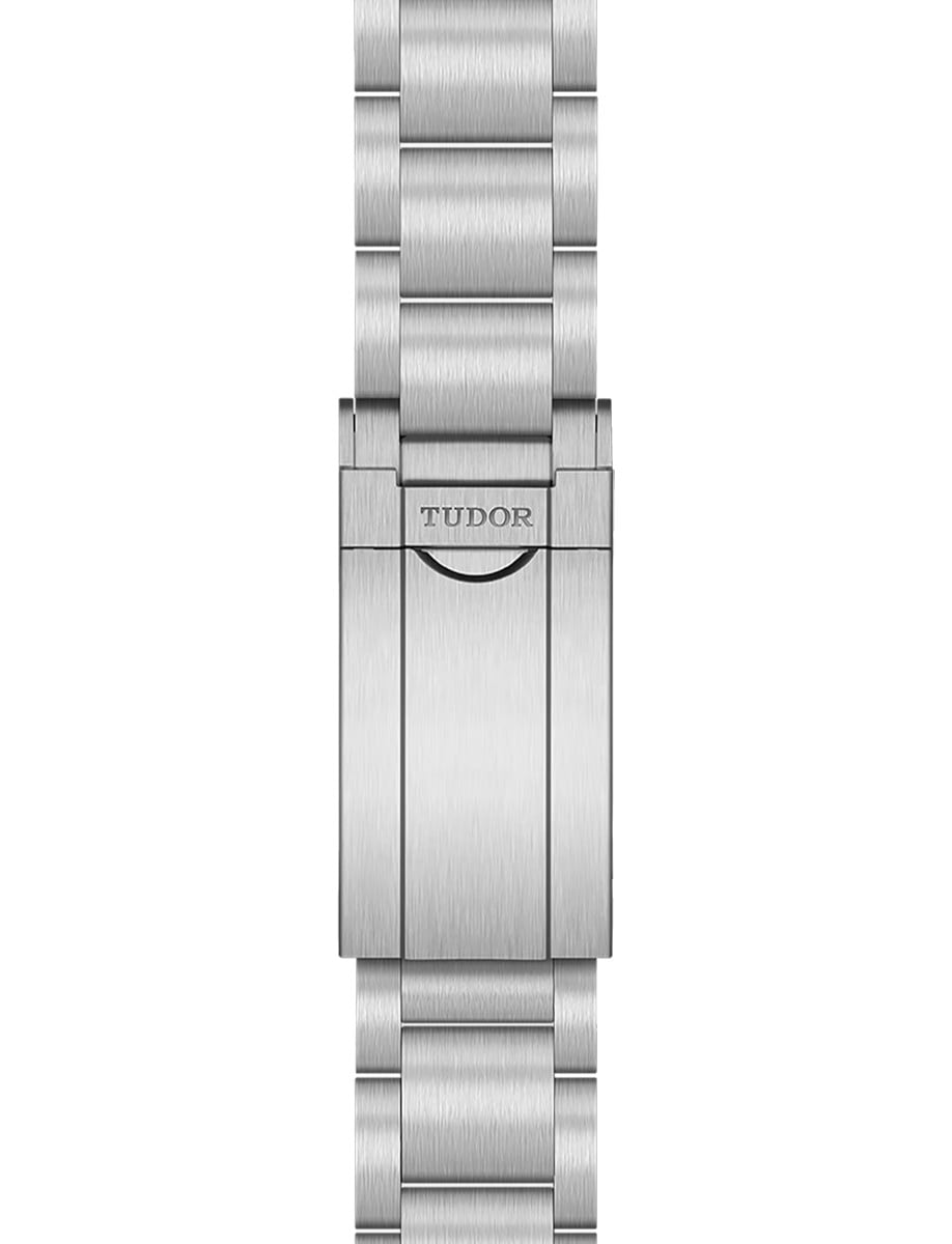 Buckle view of Tudor wristwatch with stainless steel bracelet.