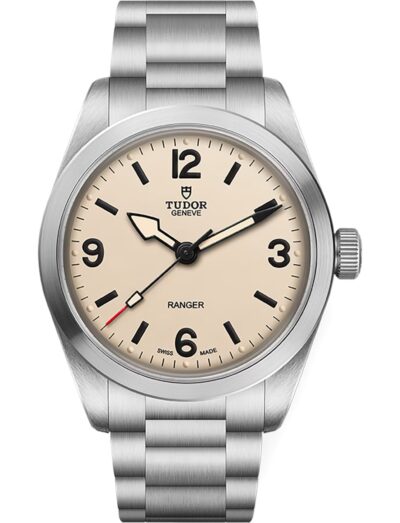 Tudor wristwatch with stainless steel case and bracelet, beige dial.