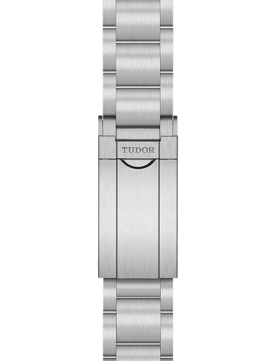 Buckle view of Tudor wristwatch with stainless steel bracelet.