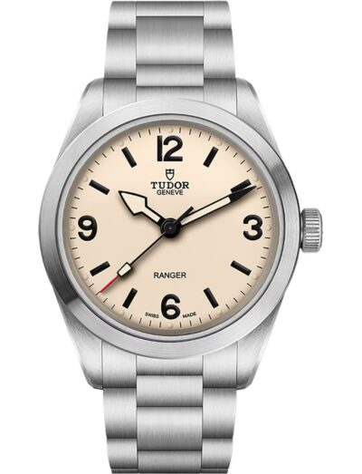 Tudor wristwatch with stainless steel case and bracelet, beige dial.