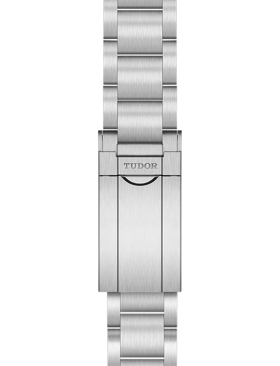 Buckle view of Tudor wristwatch with stainless steel bracelet.