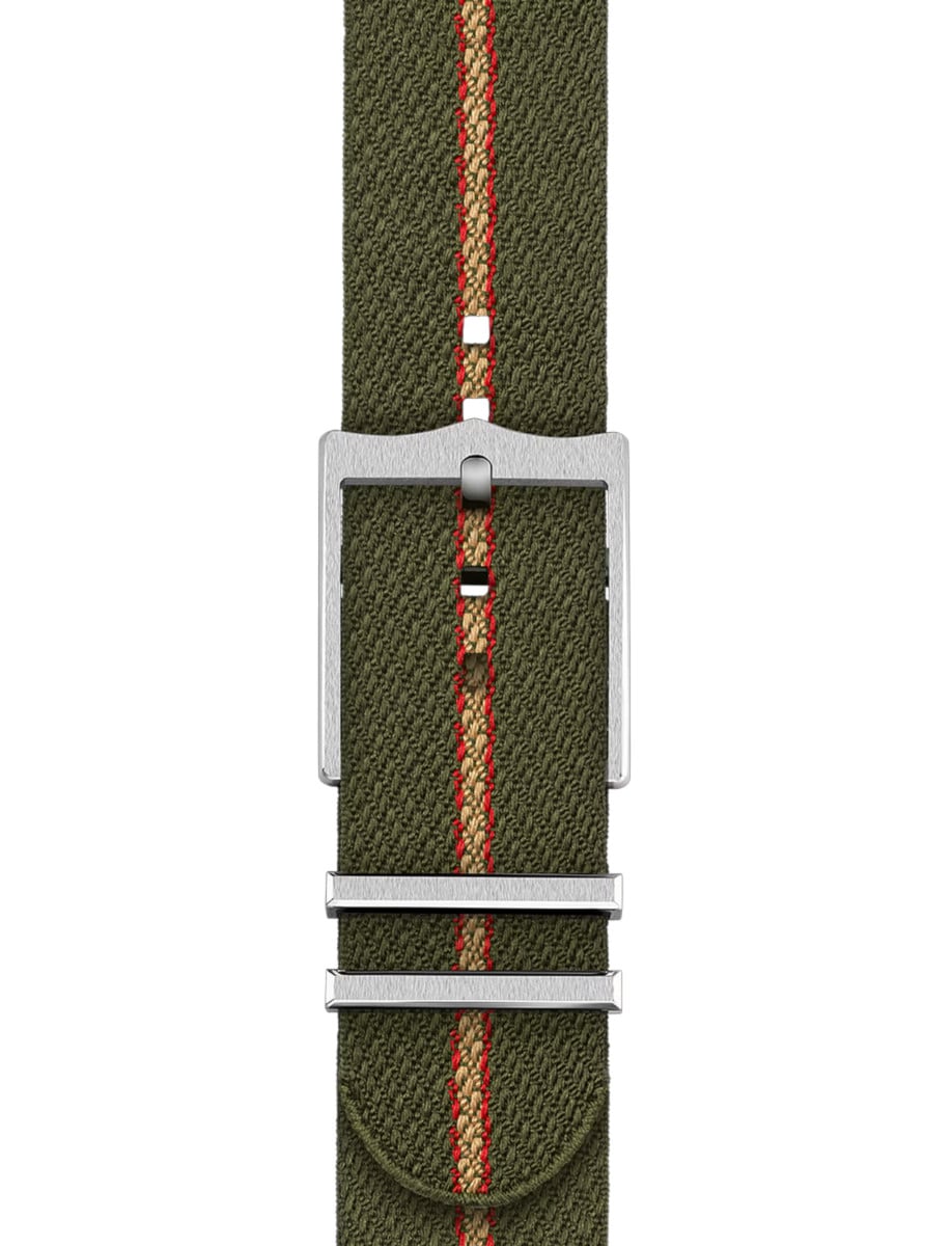 Green fabric bracelet with red and beige stripes and buckle of Tudor wristwatch.