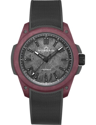 Norqain wristwatch with sandblasted titanium case, anthracite iron meteorite dial, and Integrated anthracite rubber strap.
