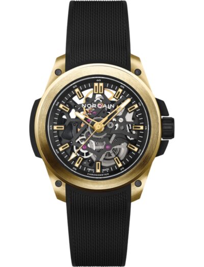 Norqain wristwatch with yellow gold case, openworked black dial and black rubber strap