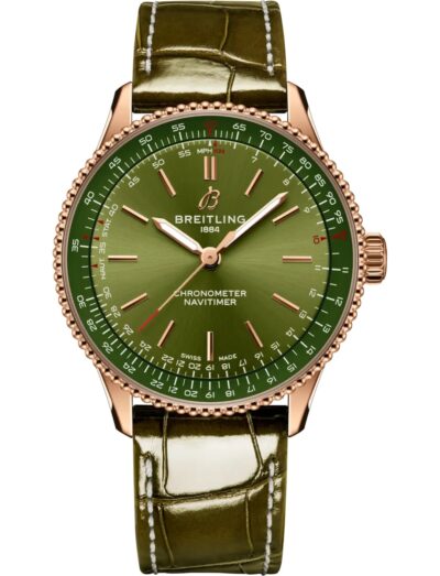Breitling wristwatch with 18k red gold case, green dial and alligator leather strap | Feldmar Watch Co. Breitling wristwatch with 18k red gold case, green dial and alligator leather strap