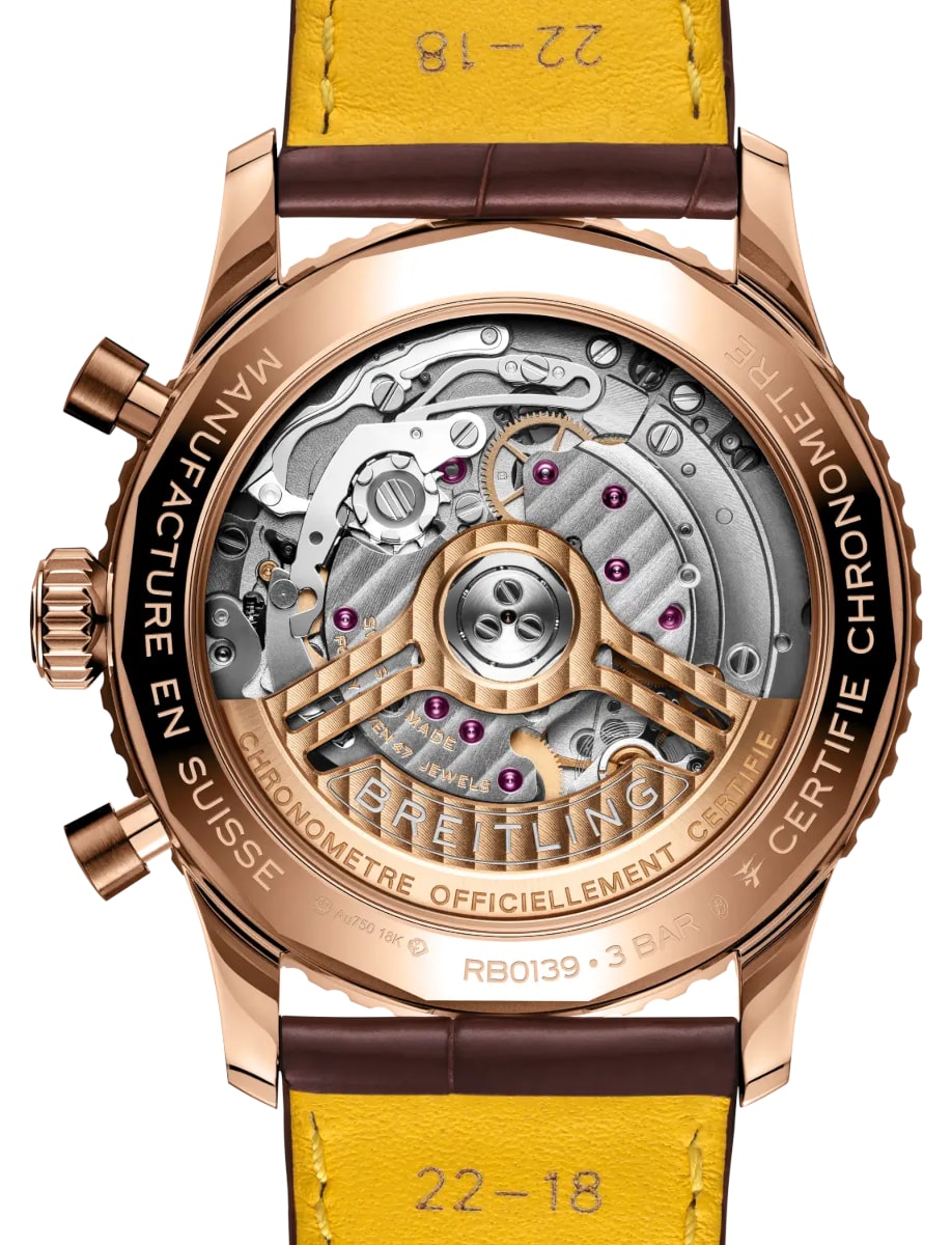 Back view of Breitling wristwatch with 18k red gold case, copper dial and alligator leather strap