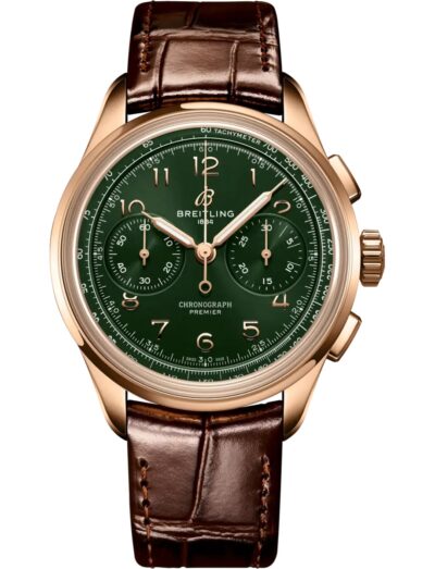 Breitling wristwatch with 18k red gold case, green dial and alligator leather strap